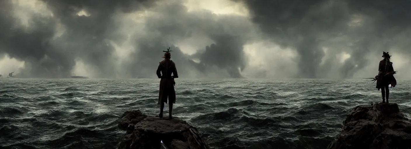 Image similar to a pirate standing on his ship watching big explosions on the wild sea, beautiful dramatic moody lighting, cinematic atmosphere, high detail, 8k, ornate, dark fantasy, masterpiece, complex, film still from the movie directed by Denis Villeneuve with art direction by Zdzislaw Beksiński, Dan Mumford, Patiphan Sottiwilaiphong, Yintion J - Jiang Geping