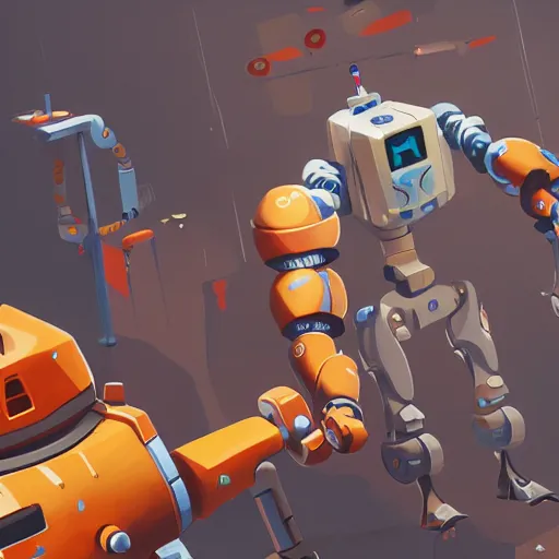 Prompt: game asset of robots, in gouache detailed paintings, props, stylized, 2 d sprites, kitbash, arcane, overwatch, orange and white color scheme, 8 k, close up