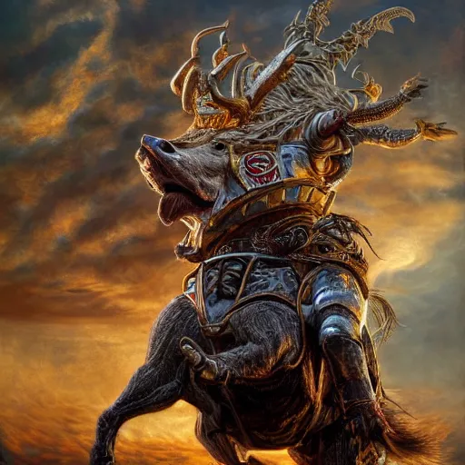 Image similar to hyperrealistic mixed media painting of Trump as a Warlord Riding a Boar, stunning 3d render inspired art by P. Craig Russell and Barry Windsor-Smith, 8k octane beautifully detailed render, post-processing, extremely hyperdetailed, intricate, epic composition, grim yet sparkling atmosphere, cinematic lighting + masterpiece, trending on artstation, very detailed, masterpiece, stunning