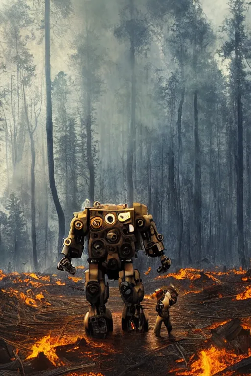 Image similar to giant mech teddybear robot walking through burning forest, dystopian, sci-fi, extremely detailed, digital painting, sculpted in zbrush, artstation, smooth, sharp focus, illustration, chiaroscuro lighting, golden ratio, incredible art, artgerm