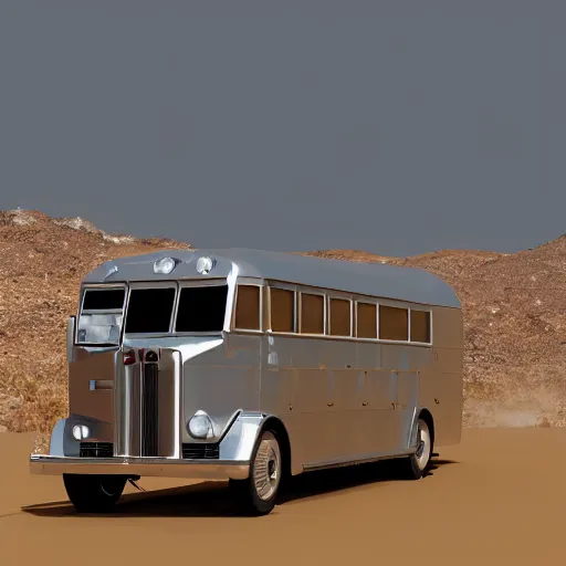 Image similar to silver school bus in the desert parked by a hot spring, sage brush, moonlit, ultra detailed, 8 k, trending on artstation, award - winning art,