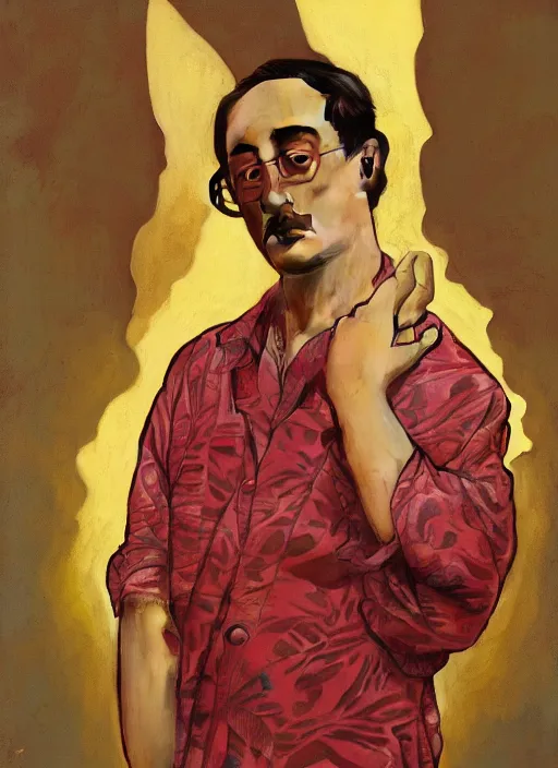 Image similar to Filthy Frank wearing red luxuruous hawaiian vintage shirt, rule of thirds, accurately portrayed, portrait art by alphonse mucha and greg rutkowski, highly detailed, digital painting, concept art, illustration, ethereal lighting with twilight rays of sunlight, trending on artstation, very detailed, smooth, sharp focus, octane render, close up