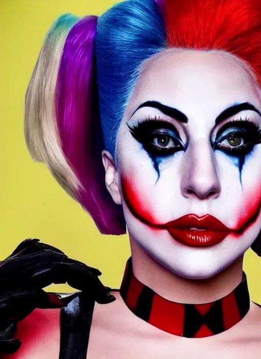 Prompt: portrait of Lady Gaga portraying a realistic Harley Quinn with little makeup in the movie Joker 2023, dramatic cinematic lighting, extremely detailed facial features, award winning photograph by Annie Leibovitz, 8k