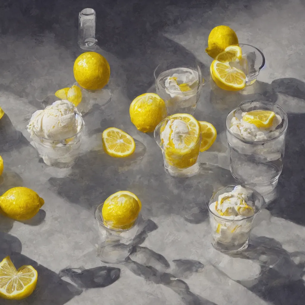 Image similar to a still life painting of cold drinks, ice cream, lemon embellishment, in the style of makoto shinkai, dreamy, soft, global illumination, radiant light, intricate environment, luminescence, highly detailed, 8 k