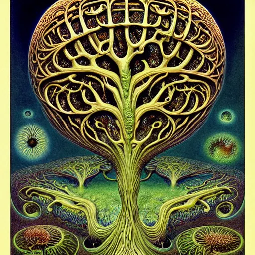 Image similar to tree of life by roger dean and andrew ferez, art forms of nature by ernst haeckel, divine chaos engine, symbolist, visionary, art nouveau, botanical fractal structures, organic, detailed, realistic, surreality