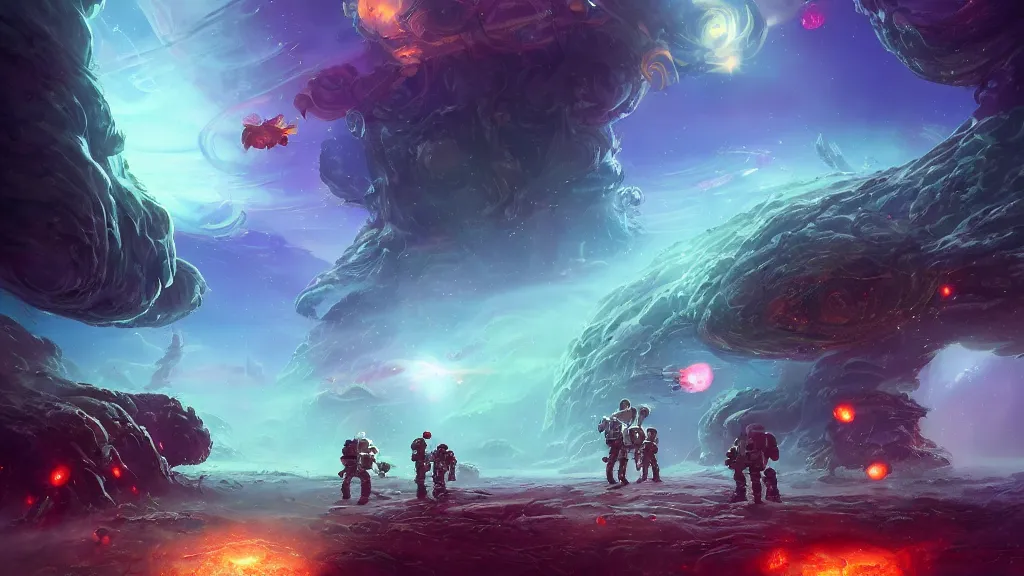 Image similar to Astronauts have a treasure with them, they are fighting with the giant Cthulhu that is hunting them, they have large blades, they are over the ring of the gas planet, this is an extravagant planet with wacky wildlife and some mythical animals, the background is full of nebulas and planets, the ambient is vivid and colorful with a terrifying atmosphere, by Jordan Grimmer digital art, trending on Artstation,