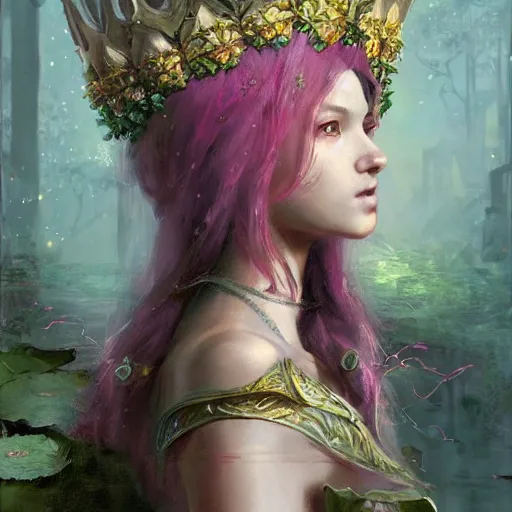 Prompt: Lotus floral crown girl, pink Lotus queen, epic fantasy style art by Craig Mullins, fantasy epic digital art