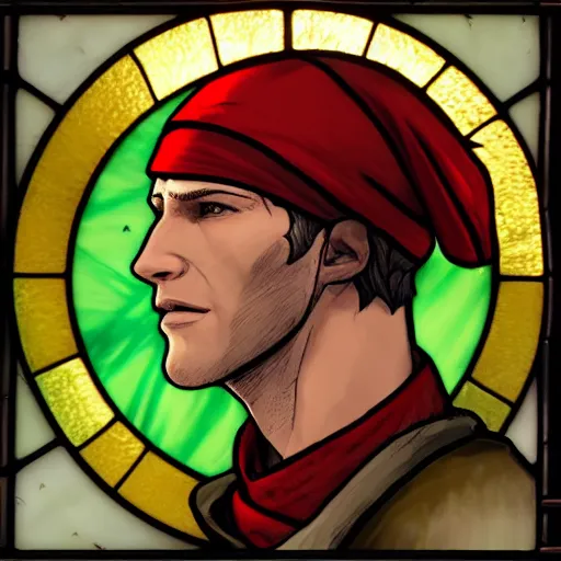 Prompt: side - view portrait of the iorveth, scoia'tael leader, red cap, red bandana, stained glass window, very masterful