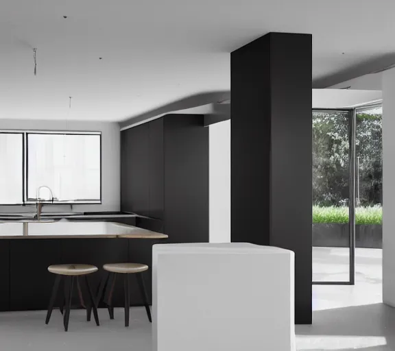 Image similar to brutalist black house kitchen with 2 islands interior design minimalist organic, organic architecture furniture open space high quality octane render blender 8 k