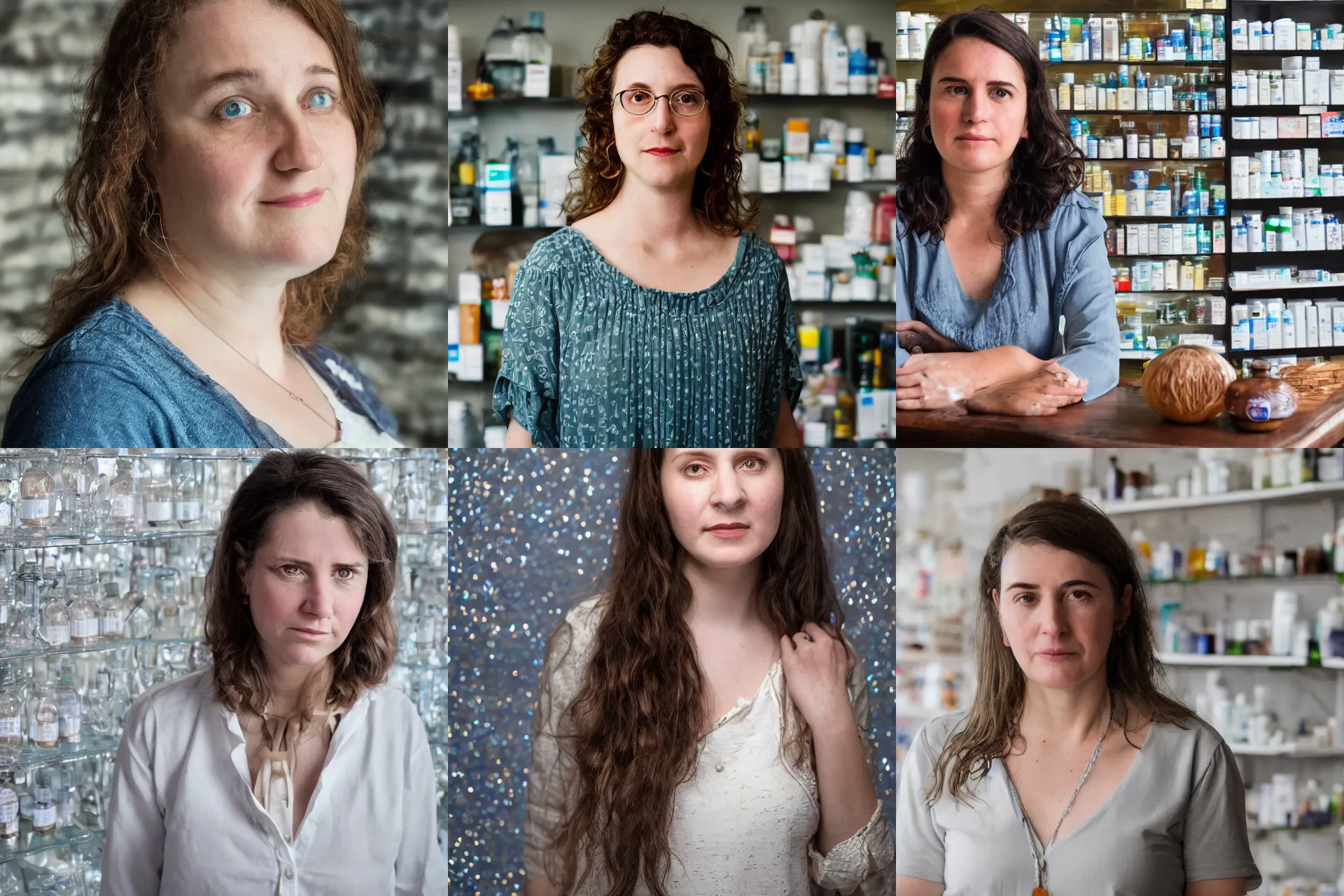 Prompt: closeup headshot photo of the person who is a pharmacist and a folk singer, glass shelf background by Gregory Crewdson and photography by Laura Pannack, extreme details, Nikon D850, f/3.5, ISO 100