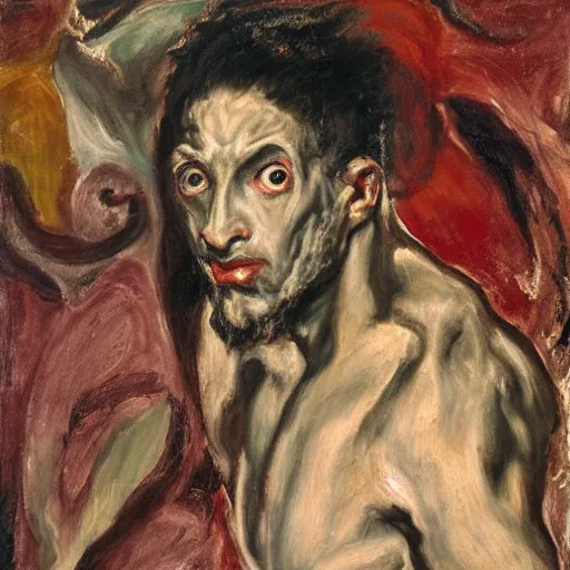 Image similar to El Greco, portrait of a demon, Cecily Brown