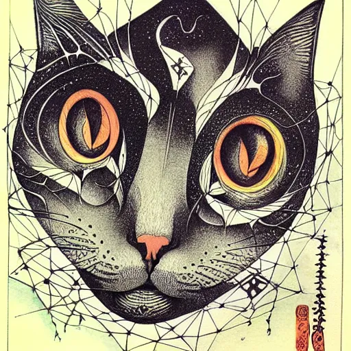 Image similar to cat as a fractal distortion, lithograph, watercolors, ink, M.C. Escher, moebius