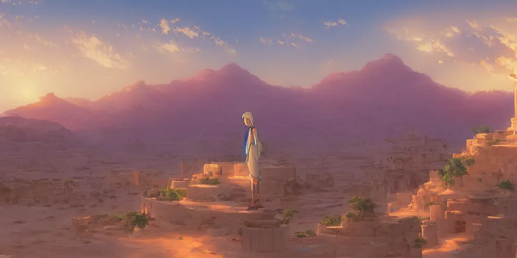 Image similar to a stunning desert landscape with an arabian palace on the horizon by makoto shinkai