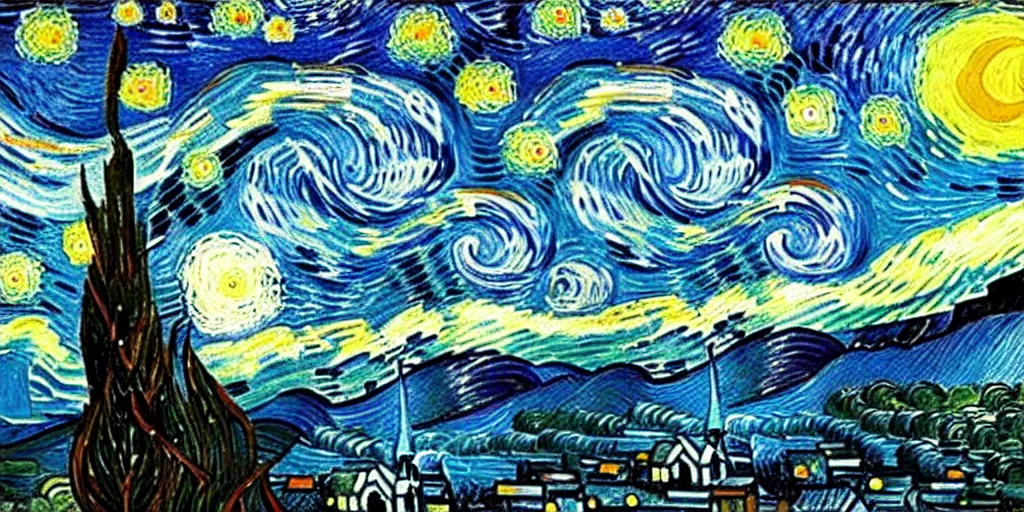 Prompt: high quality, realistic fantasy painting of a Starry Night by Van Gogh, brush strokes