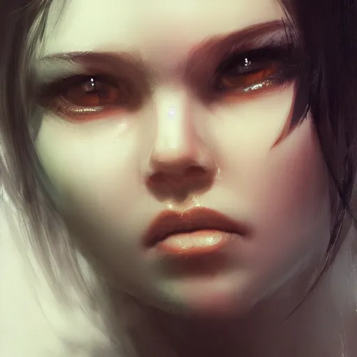 Image similar to a cute girl by ruan jia, 8 k, closeup headshot, smooth, trending on artstation, black long hair, black eyes, movie poster style