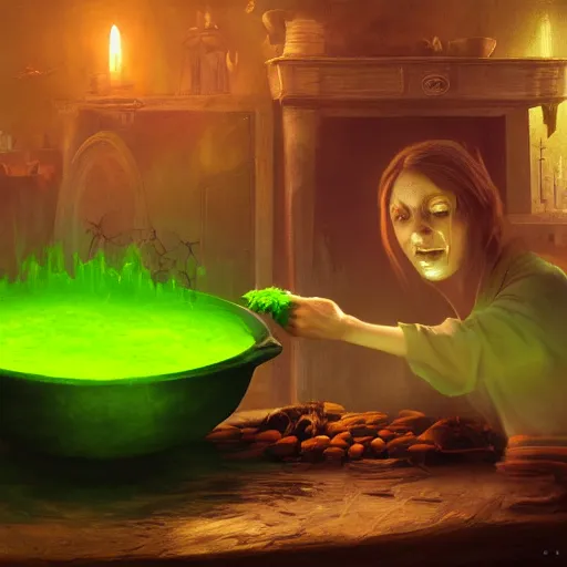 Image similar to a scary witch making green glowing soup from a cauldron, Matte painting , detailed painting, made by Greg Rutkowski, 4k, atmospheric