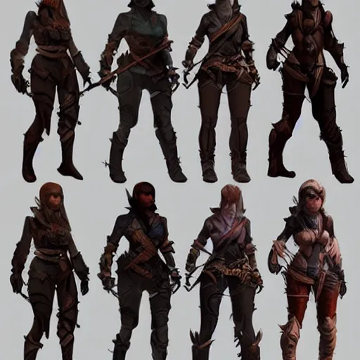 Image similar to character outfit concept sheet of fantasy female adventurer, artstation, deviantart, cgsociety, highly detailed, character outfit design