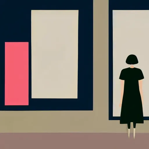 Image similar to A painting of person standing in front of a window, abstract painting in the style of Sophie Taeuber-Arp and Gary Hume and Tatsuro Kiuchi, flat colour-block style, geometric abstraction, deep earthy colours