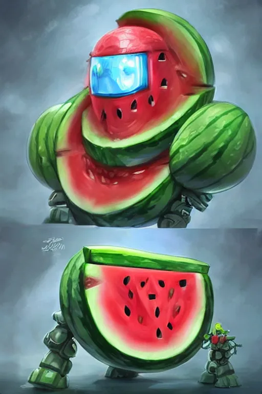 Image similar to cute anthropomorphic watermelon Gundam, Gundam made of watermelon, tiny, small, miniature Gundam, baby watermelon Robot, short, pale blue armor, cute and adorable, pretty, beautiful, DnD character art portrait, matte fantasy painting, cgsociety Artstation, by Jason Felix by Steve Argyle by Tyler Jacobson by Peter Mohrbacher, cinematic lighting