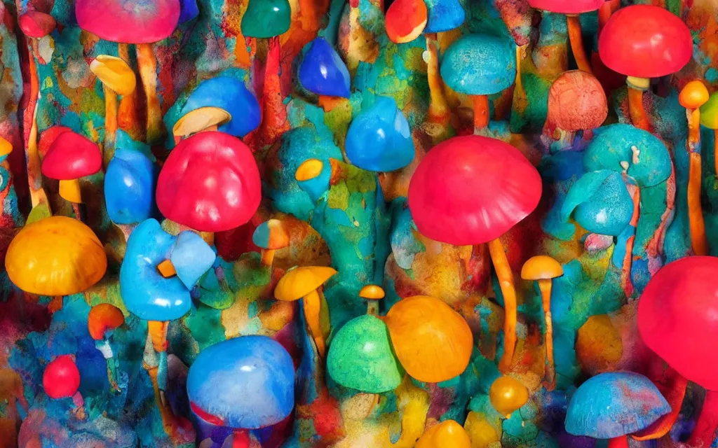 Image similar to Studio Photograph of Beautiful intensely colorful Ceramic Sculpture Of Tropical Mushrooms on a pedestal, ceramic sculpture with dripping glaze on a pedestal intricately carved with sgraffito Insects and the images of Tropical Flowers by Amedeo Modigliani by Robert Arneson by Paul Klee, Drippy Glaze Bright Intense Colors shocking detail hyperrealistic trending on artstation