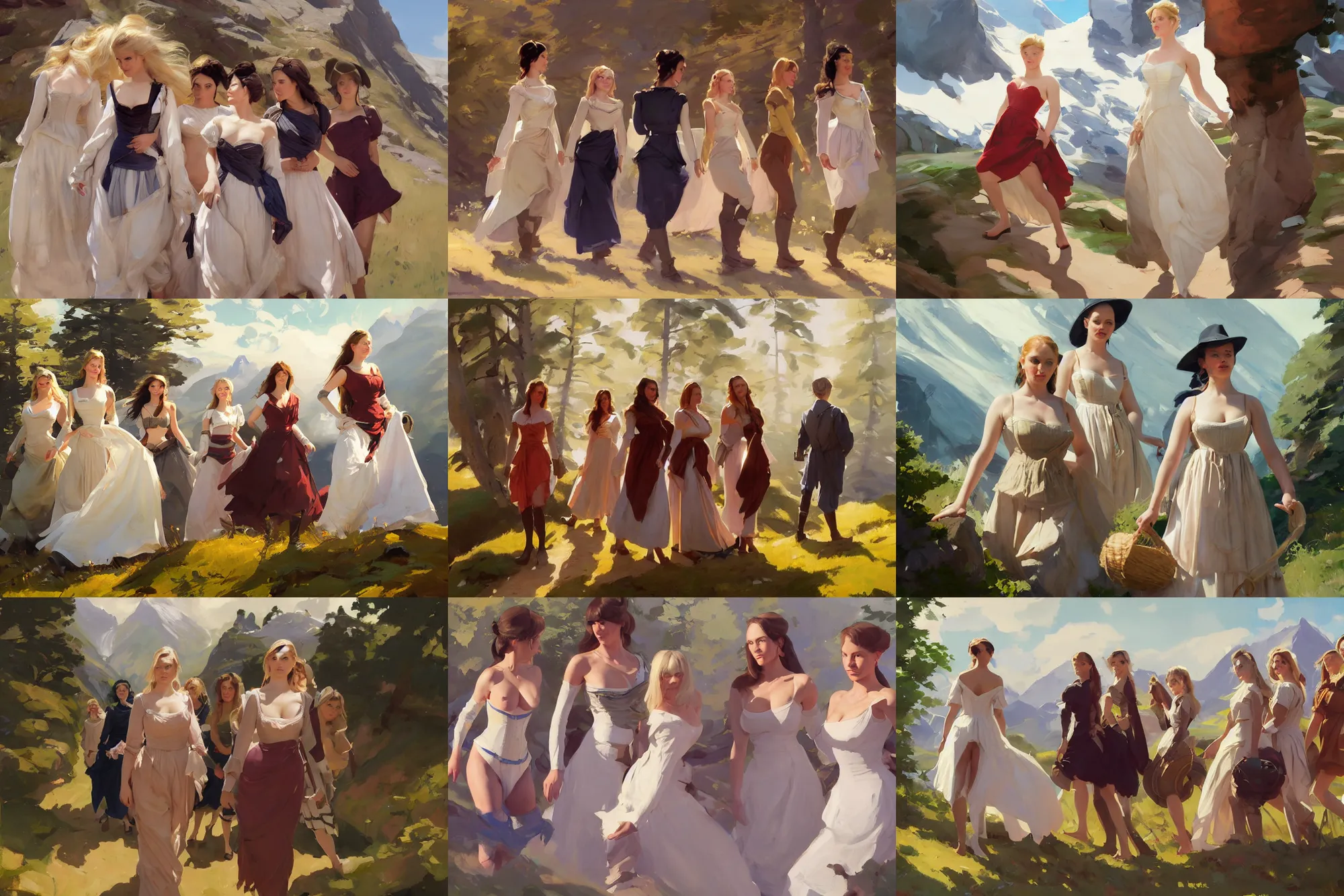 Prompt: five of beautiful finnish norwegian swedish scandinavian attractive glamour models wearing 1 7 th century bodice with low neckline walking in the mountains in a sunny day, jodhpurs greg manchess painting by sargent and leyendecker, studio ghibli fantasy medium shot asymmetrical intricate elegant matte painting illustration hearthstone, by greg rutkowski by greg tocchini by james gilleard