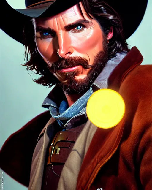 Image similar to christian bale as mccree from overwatch, character portrait, portrait, close up, highly detailed, intricate detail, amazing detail, sharp focus, vintage fantasy art, vintage sci - fi art, radiant light, caustics, by boris vallejo