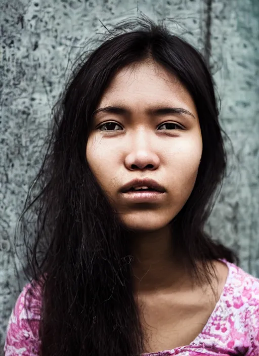 Image similar to Mid-shot portrait of a very beautiful 20-years-old woman from Indonesia, with long hair, candid street portrait in the style of Martin Schoeller award winning, Sony a7R