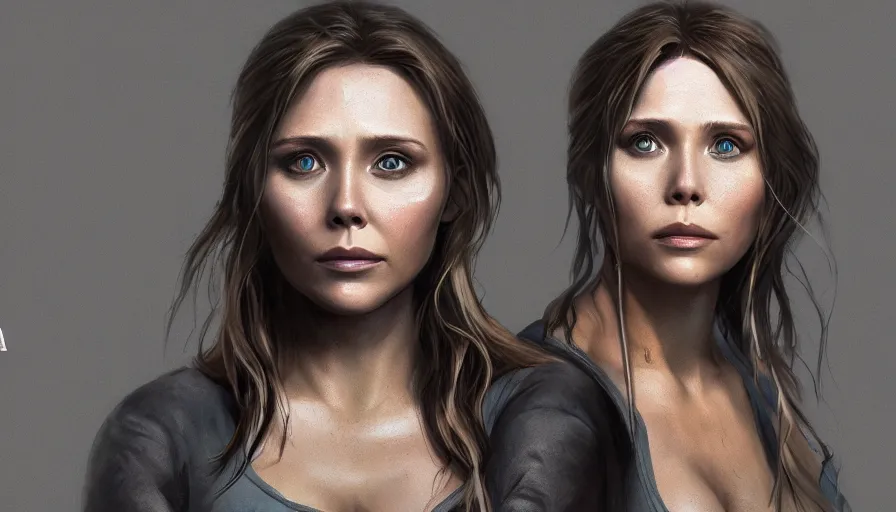 Image similar to elizabeth olsen is lara croft from tomb raider, grey background, hyperdetailed, artstation, cgsociety, 8 k