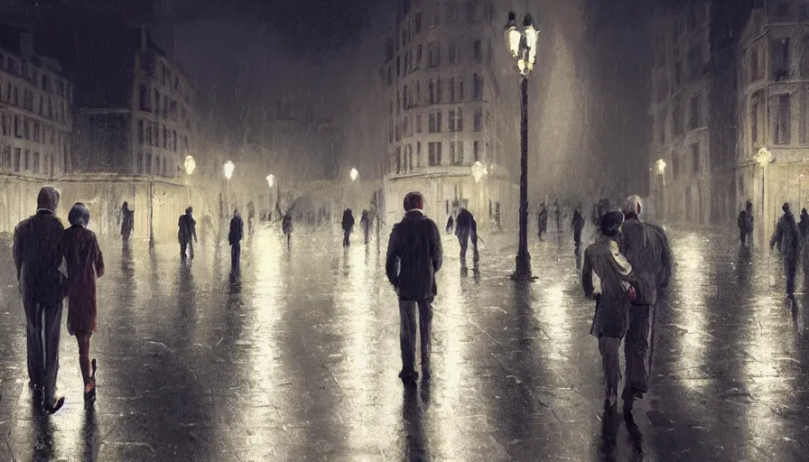 Image similar to Old couple walking in Paris at night, wet ground, hyperdetailed, artstation, cgsociety, 8k