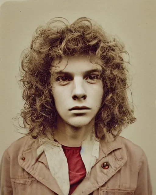 Prompt: an instant photo of a beautiful but sinister young man in layers of fear, with haunted eyes and curly hair, 1 9 7 0 s, seventies, delicate embellishments, a little blood, crimson, painterly, offset printing technique, mary jane ansell