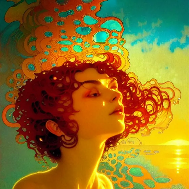 Image similar to mind bending ocean waves of glossy psychedelic liquid honey drops flowing like kaleidoscopic translucent amber, lsd waves, lsd ripples, crystal clear, backlit, sunset, refracted lighting, art by collier, albert aublet, krenz cushart, artem demura, alphonse mucha