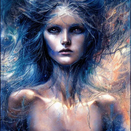 Image similar to masterpiece goddess of sorrow, realistic portrait, 3 0 years woman, melancholic face, long hair, digital painting by louis royo and julie bell, dark tenebrous blue background, cinematic light, aura effect, some chaotic sparkles, wind, unreal engine, artstation, deviantart, pinterest, darker