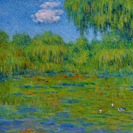 Prompt: oil paint impasto relief of low view of pond in the style of monet painted with expressive paint and cumulus clouds, less thick expressive paint crudely pointillist in parts, some splattered paint