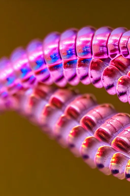 Prompt: high quality macro photo iridescent cyborg caterpillar! cute highly detailed david ligare elson peter cinematic pink lighting high quality low angle hd 8k sharp shallow depth of field