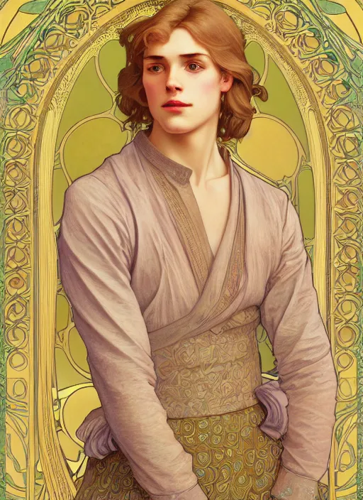 Image similar to pretty young man with shoulder length shiny shimmering golden blond hair, half body shot, emotional, decorative flower patterned background, path traced, highly detailed, high quality, digital painting, by studio ghibli and alphonse mucha, leesha hannigan, hidari, disney, jules bastien - lepage, art nouveau