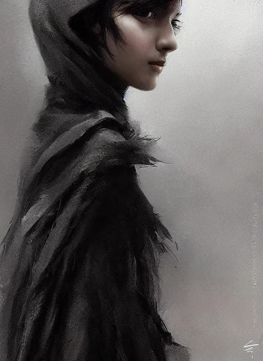 Image similar to a teenage girl with very short black hair and a huge cloak made of grey and black feathers. beautiful highly detailed face. beautiful painting by artgerm and greg rutkowski and raymond swanland