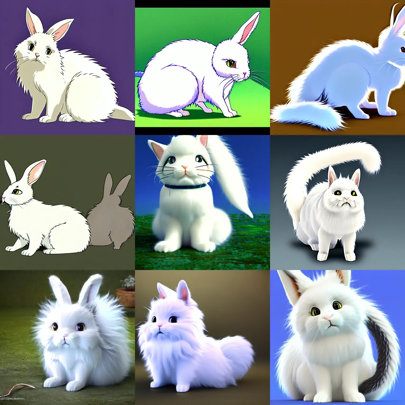 Prompt: digital render in the style of Studio Ghibli of a bunny-cat hybrid with long ((((curly)))) white fluffy fur and extra long forked tail, by Hayao Miyazaki