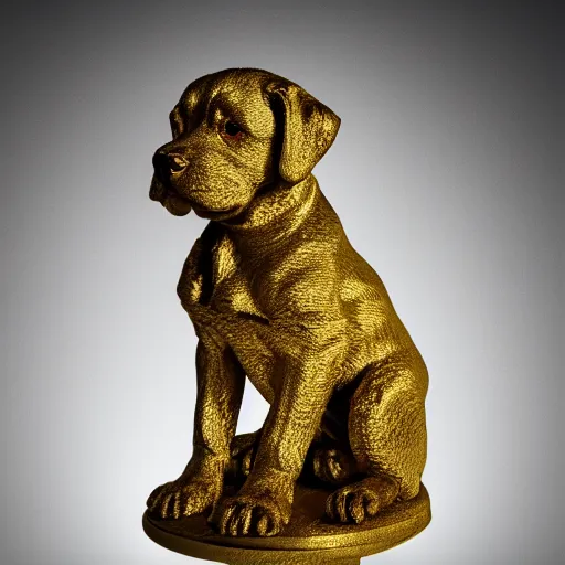 Prompt: detailed photo of a puppy statue made of gold, various posed, studio light, 8 k, photorealism, intricate detail, museum diffuse lighting