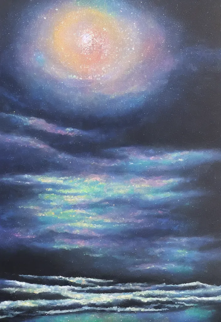 Image similar to the black door opened to the cosmos on a silver beach opening to reveal the cosmos, award winning oil painting, iridescent shimmer