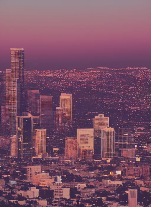Image similar to the moon hangs low in the sky over downtown los angeles, dusk, photography, cinematic, tarantino, 7 0 mm film