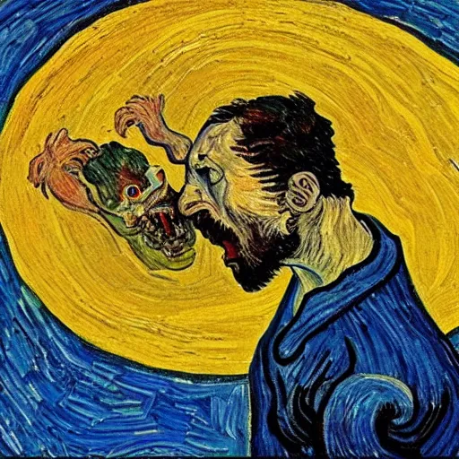 Prompt: saturn devouring his son in the style of van gogh, oil painting on canvas