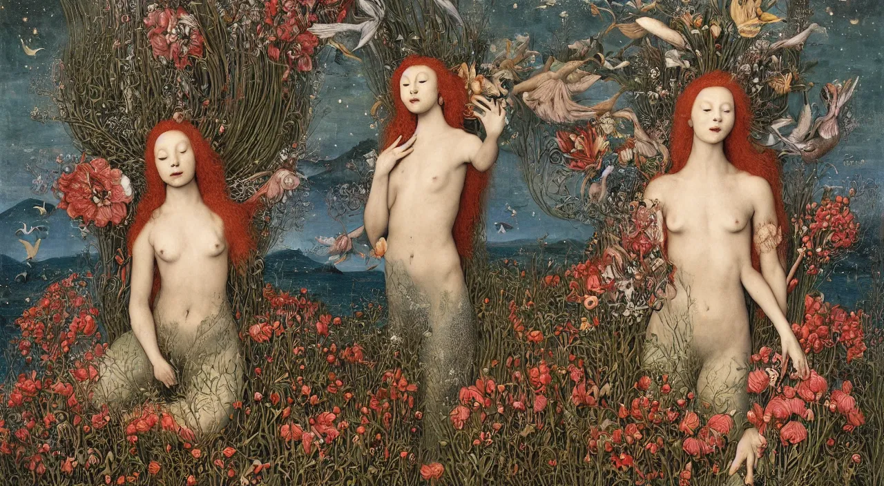Prompt: a meditating harpy mermaid surrounded by towering bulbous flowers is transforming into a fox. her halo hair burns high into a starry sky. a river delta flows from her loins. painted by jan van eyck, max ernst, ernst haeckel. trending on artstation, 8 k, award winning, hard lighting, fashion editorial, mythology, photorealistic