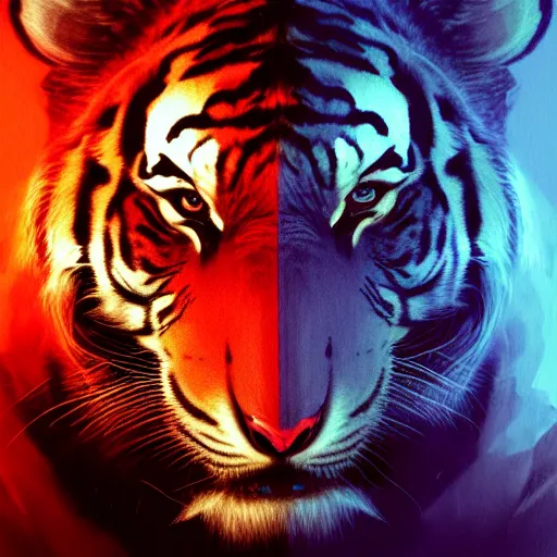 Image similar to hyperrealistic portrait of an athropomorphic tiger wearing heavy combat red - blue armor, bladerunner street, art of elysium by jeremy mann and alphonse mucha, fantasy art, photo realistic, dynamic lighting, artstation, poster, volumetric lighting, very detailed face, 4 k, award winning, cinematic lighting, deviantart, artstation, cg society