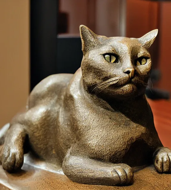 Image similar to a 4 k photorealistic photo medium shot of a bronze statue of a cat.