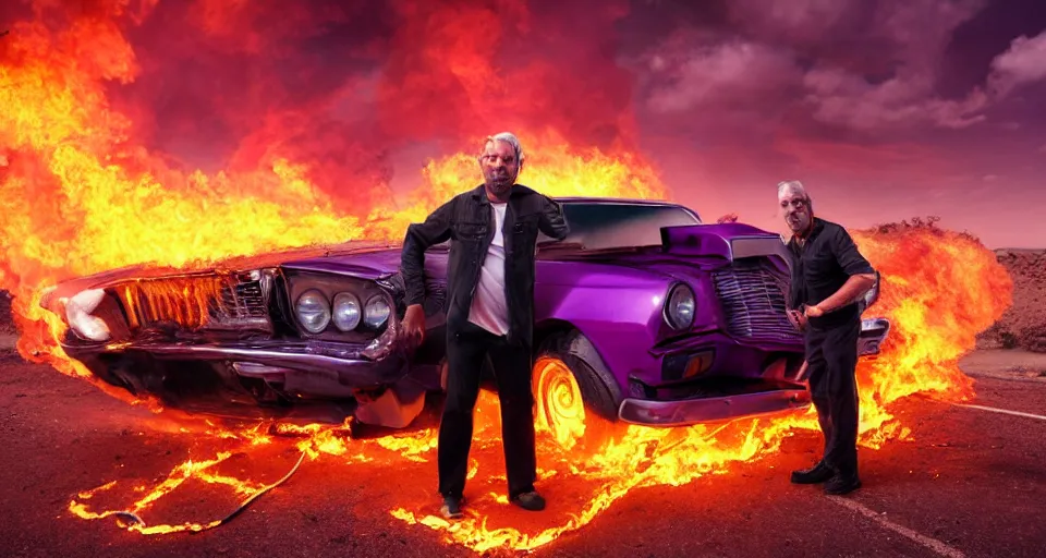 Image similar to 45 year old man with few grey hair standing besides a car in flames in a desert, purple color-theme, cinematic, science-fiction art wallpaper, stunning digital art