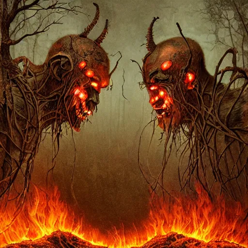 Prompt: two demons dance ballet in hell with ethernet cables wrapped around their arms, trees burning in the background,, beksinski, dariusz zawadzki, very coherent symmetrical artwork. cinematic, hyper realism, high detail, octane render, 8 k