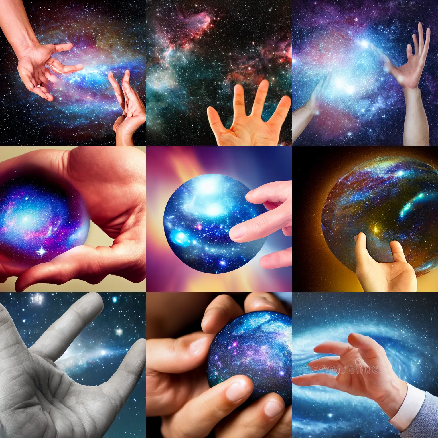 Prompt: male hands trying to stretch a galaxy, high detail of a hand, realistic photo