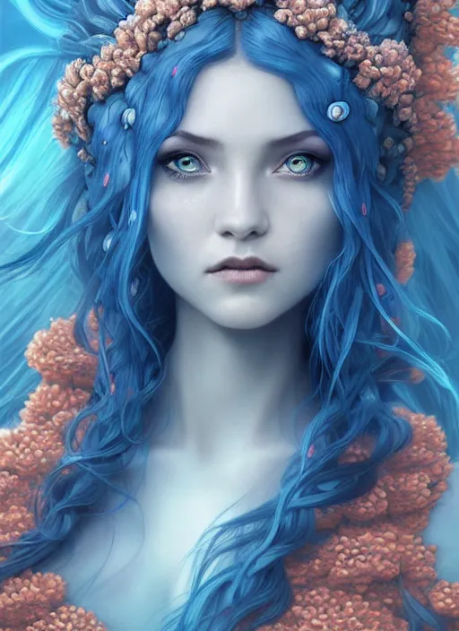 Prompt: highly detailed ilustration of a beautiful blue haired woman as a deep sea princess in a coral city of deep sea, deep focus, d & d, fantasy, intricate, elegant, highly detailed, digital painting, artstation, concept art, matte, sharp focus, illustration, hearthstone, art by artgerm and greg rutkowski and alphonse mucha