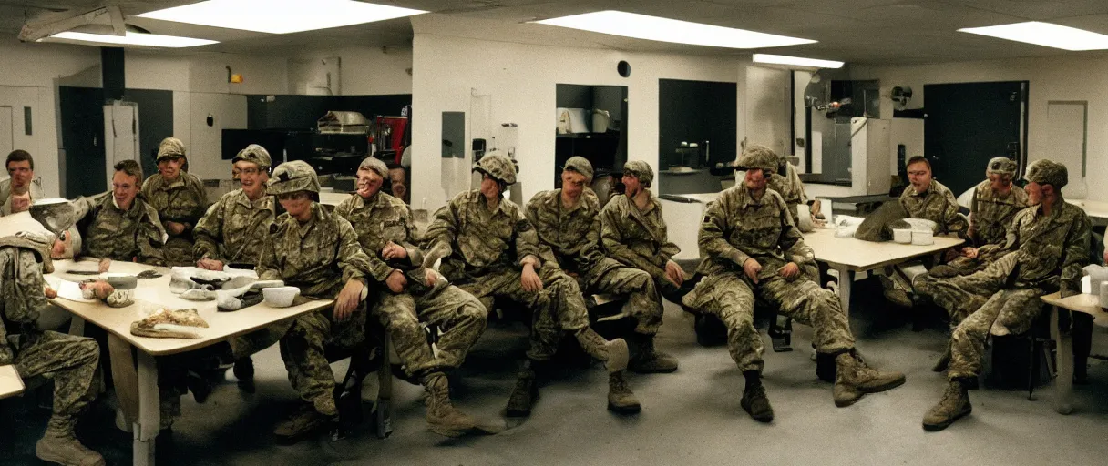 Image similar to filmic extreme wide shot movie still 4 k uhd interior 3 5 mm film color photograph of a group of soldiers relaxing in a break room in a secret military lab having a conversation