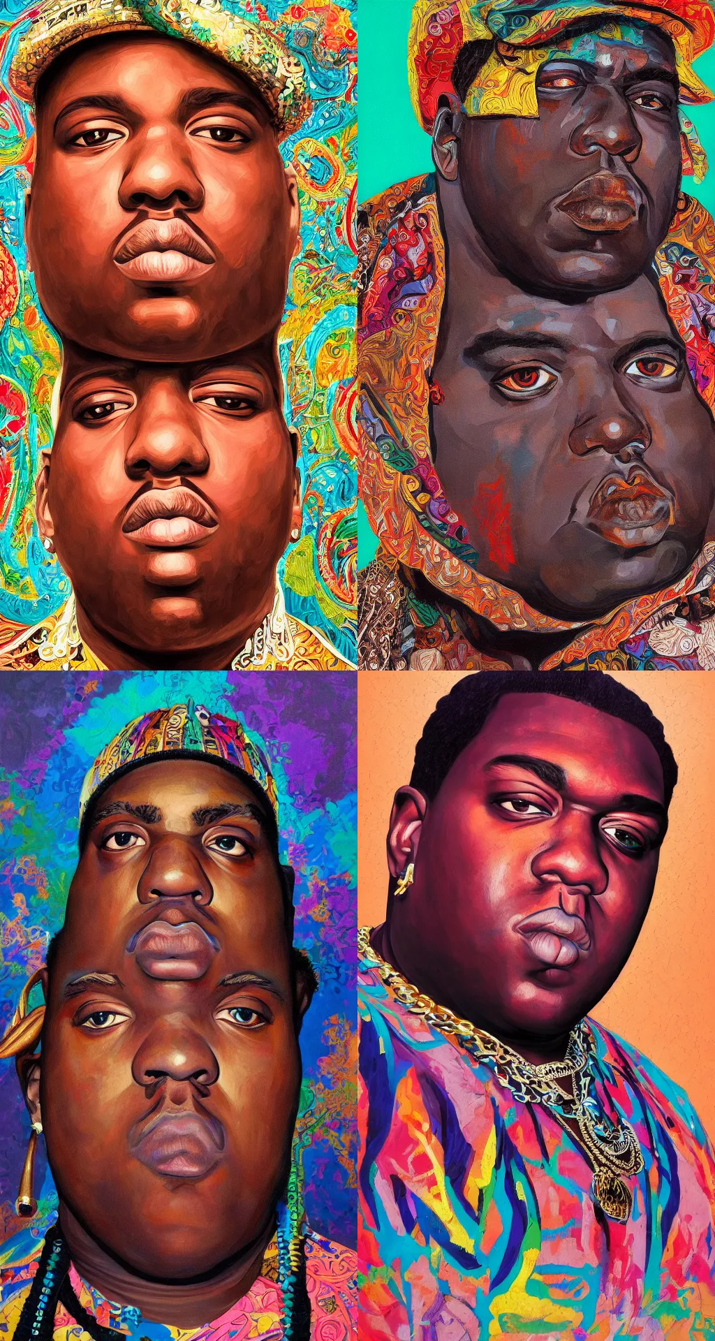 Prompt: a painting of biggie smalls, boho chic!!, masterpiece, hyperdetailed, complex, intricate, 4 k, trending on artstation